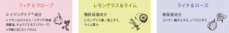 フィグ&クローブ エイジングケア成分、レモングラス&ライム 整肌保湿成分、ライチ&ローズ 高保湿成分